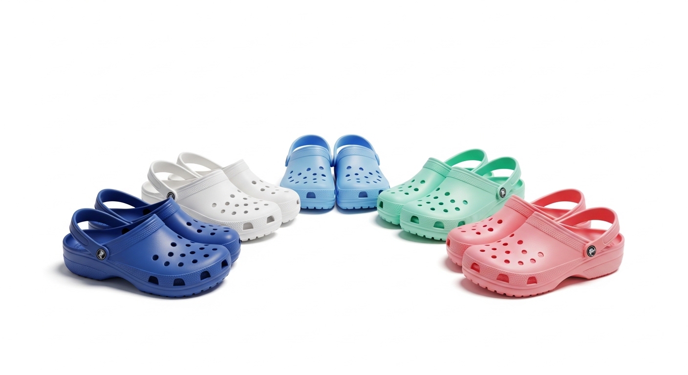 Five pairs of crocs in blue, white, sky blue, mint green and pink arranged in hemisphere